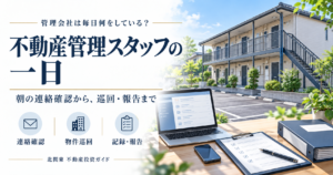 不動産管理スタッフの一日を紹介する画像。アパートとパソコン、点検表を配置し、朝の連絡確認から巡回・報告までを表現。