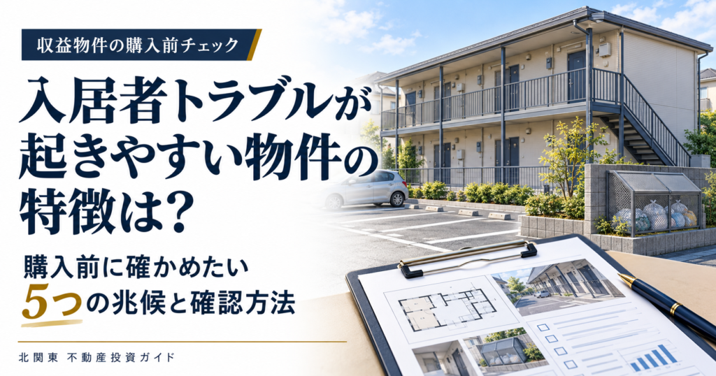 2階建てアパートと駐車場、物件資料を挟んだクリップボード。収益物件の購入前に入居者トラブルの兆候を確認するイメージ