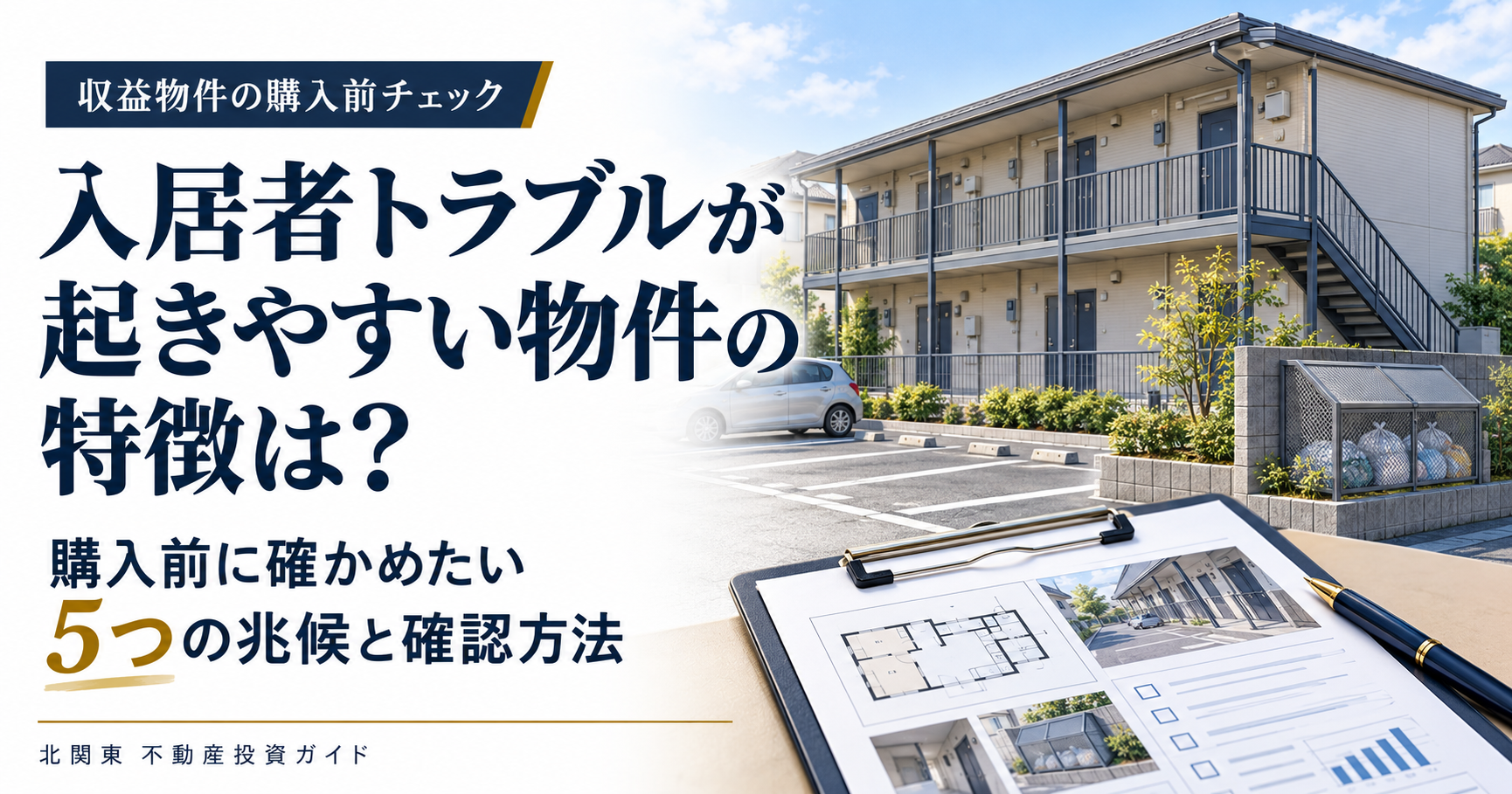 2階建てアパートと駐車場、物件資料を挟んだクリップボード。収益物件の購入前に入居者トラブルの兆候を確認するイメージ