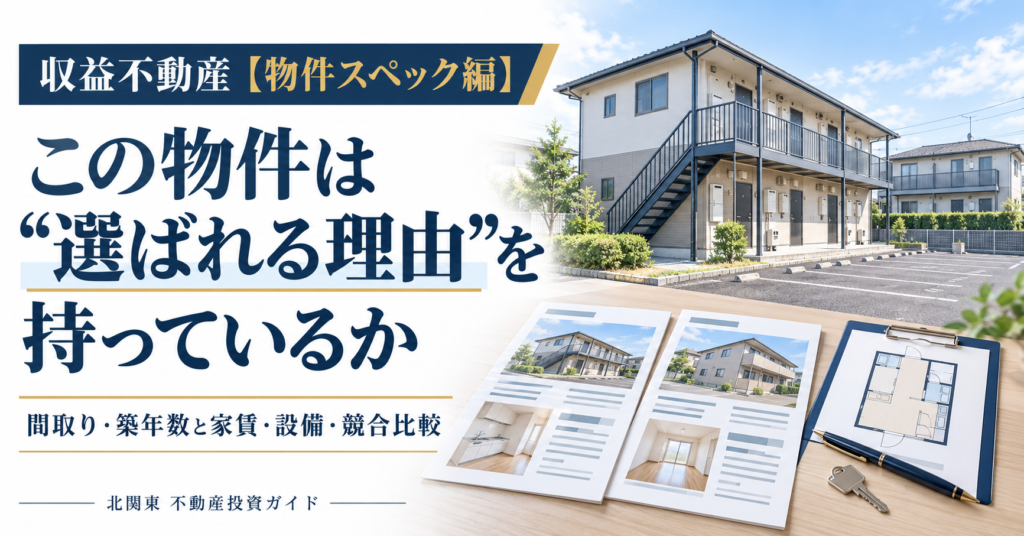 収益不動産の物件スペックを確認する画像。アパートと比較資料、間取り図を配置し、間取り・築年数と家賃・設備・競合比較を示す。