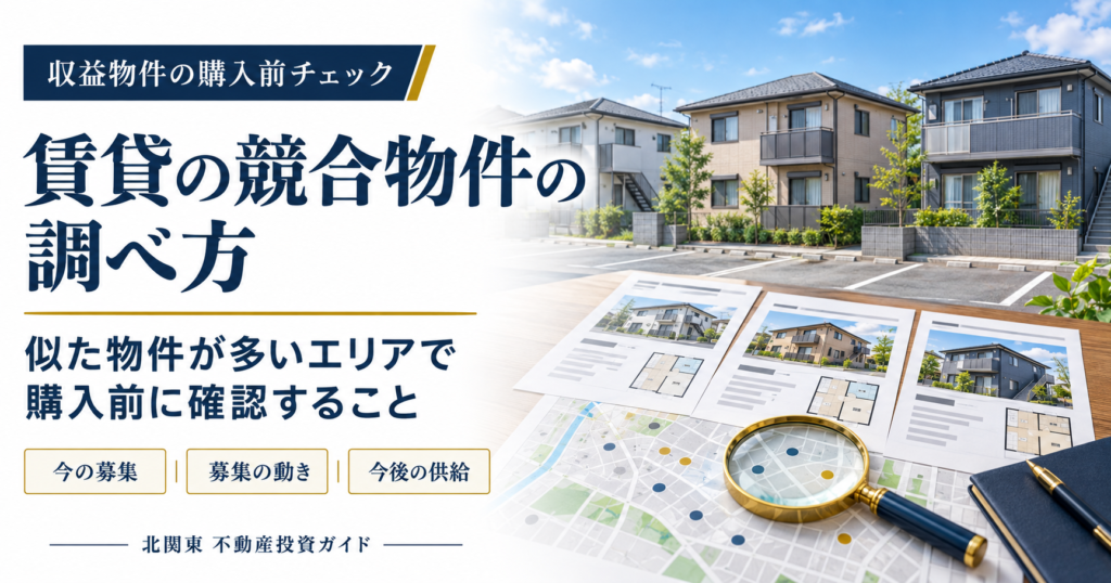 複数の賃貸アパートと募集資料、地図を並べ、購入前の競合物件調査を表現した画像。