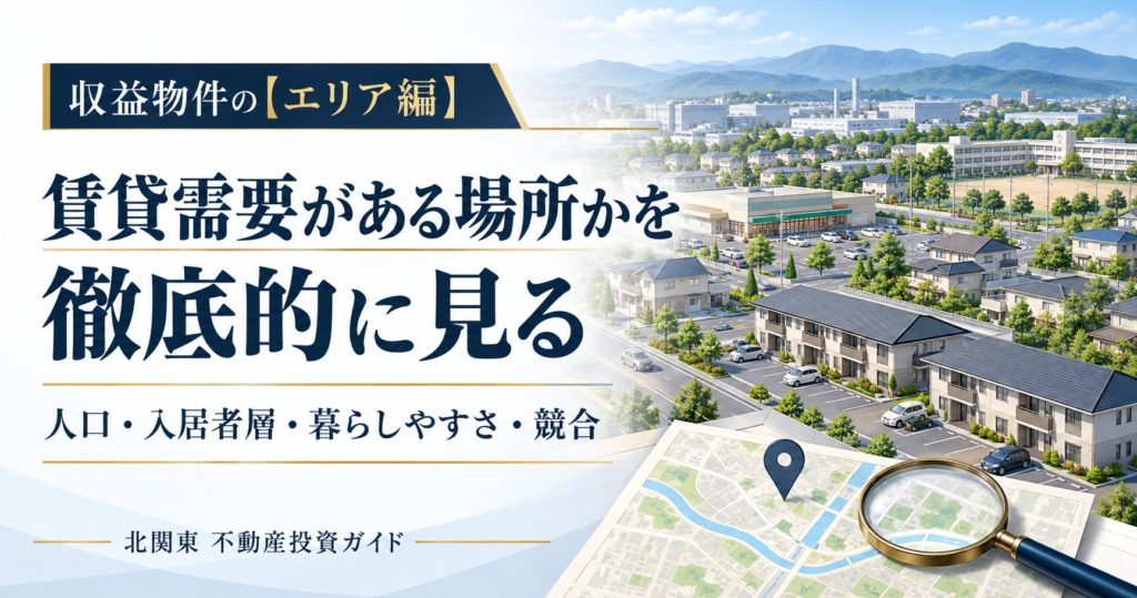 収益物件のエリア選び。住宅地や学校、商業施設、工場と地図を配置し、賃貸需要を確認するイメージ。