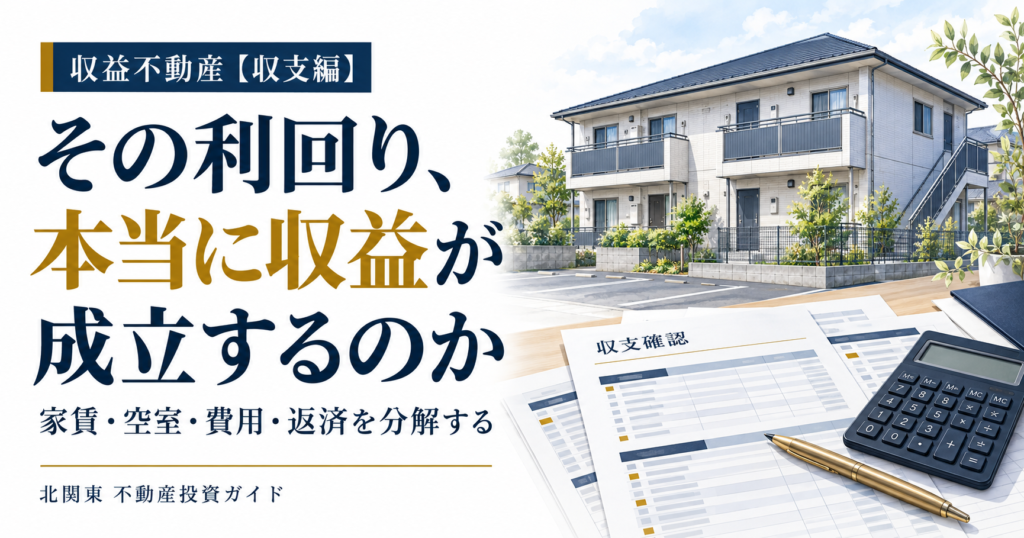 収益不動産の収支を家賃・空室・費用・返済から確認するイメージ。アパートと収支資料、電卓を配置。