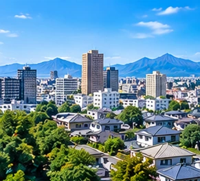 山を背景に住宅と中高層の建物が並ぶ地方都市の街並み（北関東のイメージ）