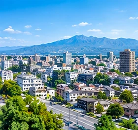 山並みを望む住宅街と幹線道路が続く地方都市の街並み（北関東のイメージ）