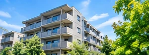 木々に囲まれた中層マンションの外観
