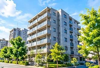 植栽に囲まれた中層マンションの外観