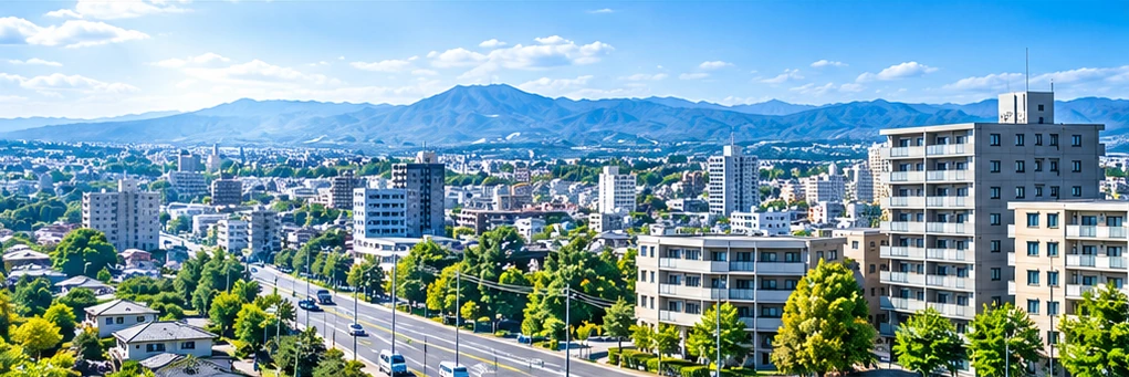 山並みを背景に中層マンションや住宅が広がる地方都市の街並み