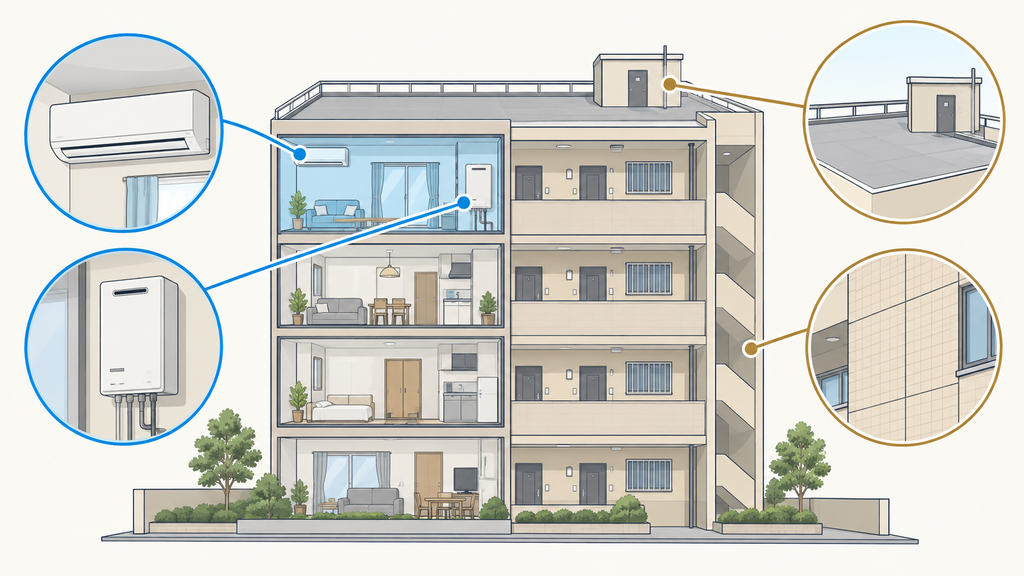 マンションの住戸内設備であるエアコン・給湯器と、共用部分の屋上・外壁を分けて示した概念図
