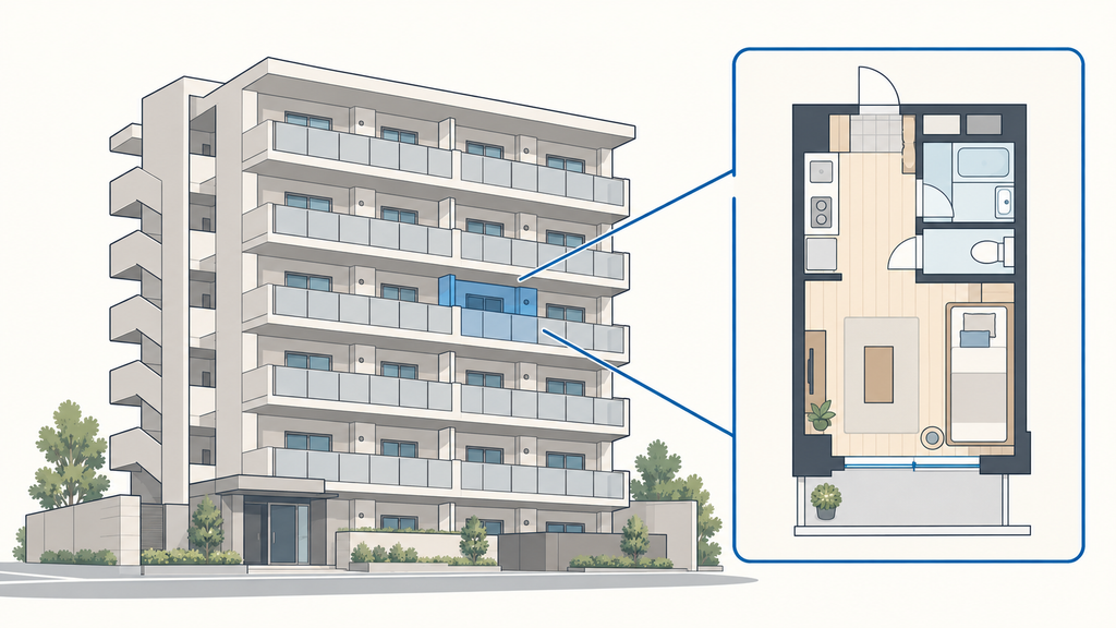 マンションの一室を青色で強調し、単身者向け住戸の間取りを拡大した区分マンション投資の概念図