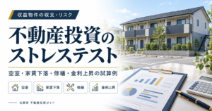 賃貸アパートと収支資料を背景に、空室・家賃下落・修繕・金利上昇のストレステストを紹介する画像。