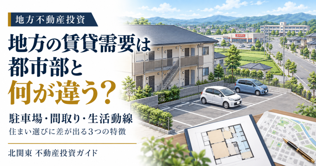 地方の賃貸需要を解説する画像。駐車場付きアパート、間取り図、周辺地図とスーパー・学校を配置。