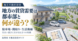 地方の賃貸需要を解説する画像。駐車場付きアパート、間取り図、周辺地図とスーパー・学校を配置。