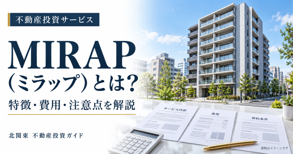 MIRAP（ミラップ）の特徴・費用・注意点を紹介する画像。都市型マンションのイメージと確認資料、電卓を配置。