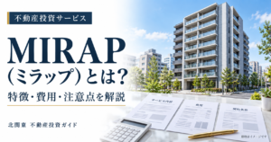 MIRAP（ミラップ）の特徴・費用・注意点を紹介する画像。都市型マンションのイメージと確認資料、電卓を配置。