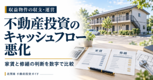 賃貸アパートと家賃・修繕の比較資料を配置した、不動産投資のキャッシュフロー悪化を解説する記事のアイキャッチ。