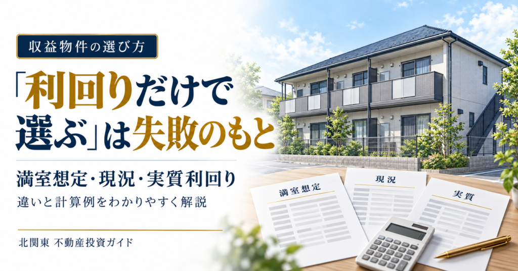 満室想定・現況・実質利回りの違いを確認するイメージ。アパートを背景に、比較資料と電卓を配置。