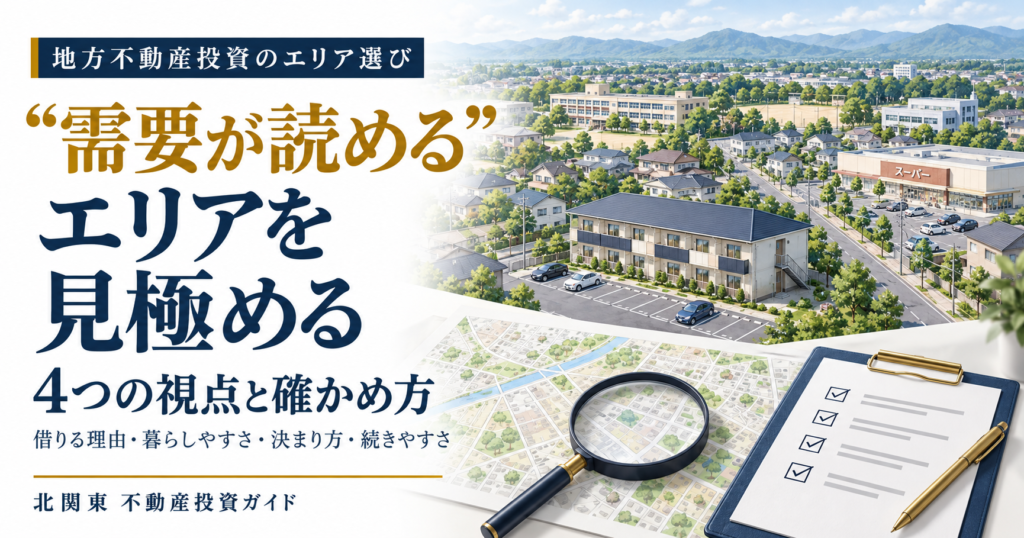 地方不動産投資のエリア選びを解説する画像。アパートや生活施設、地図と虫眼鏡を配置し、賃貸需要を見極める4つの視点を示す。
